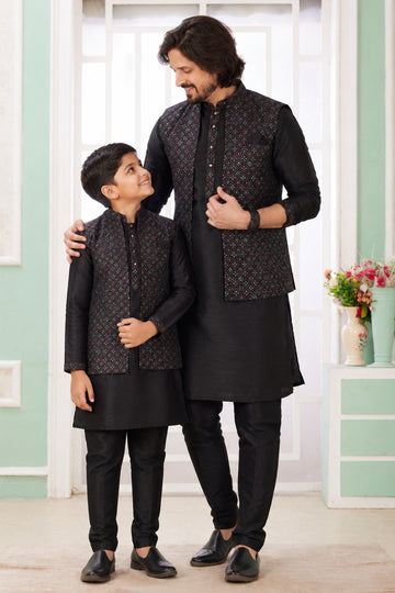 Art Silk Embroidery Pintux Work Father and Son Combo In Black Colour