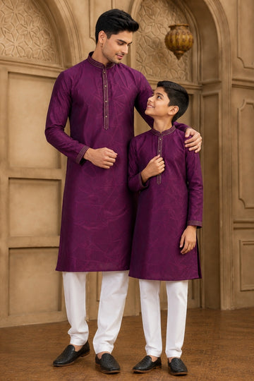 Brocade Art Silk Pintux Work Father and Son Combo In Magenta Colour
