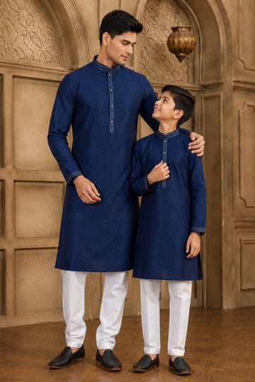 Brocade Art Silk Pintux Work Father and Son Combo In Blue Colour