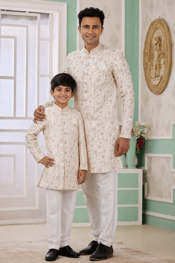 Banarasi Jacquard Father and Son Combo In Cream Colour