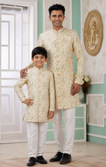 Banarasi Jacquard Father and Son Combo In Yellow Colour