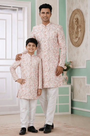 Banarasi Jacquard Father and Son Combo In Peach Colour