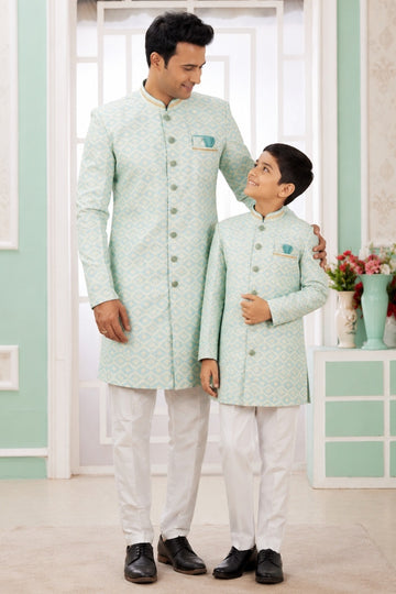 Banarasi Jacquard Father and Son Combo In Green Colour