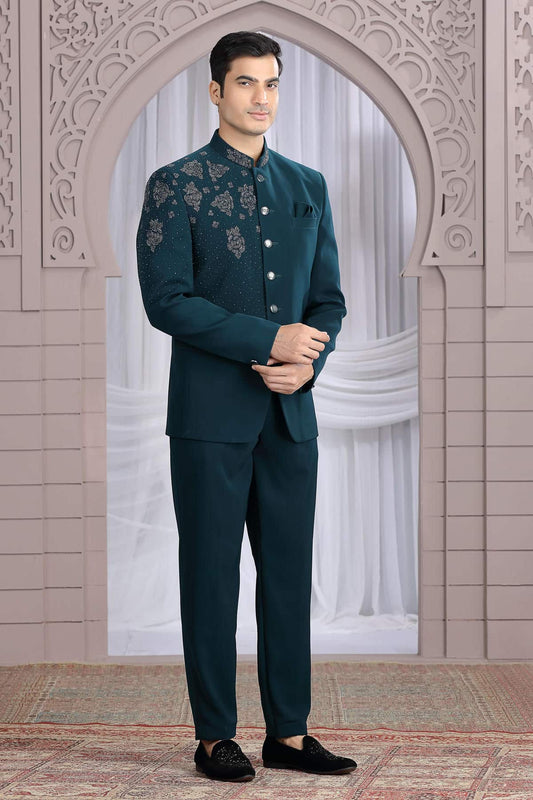 Imported Plain Fabric Jodhpuri In Dark Green Colour With Hand Work For Men