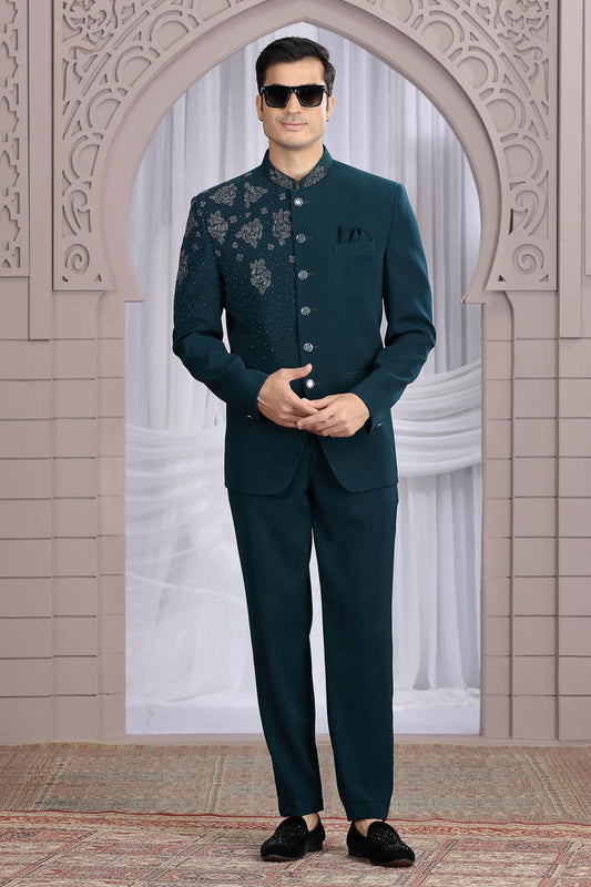 Imported Plain Fabric Jodhpuri In Dark Green Colour With Hand Work For Men