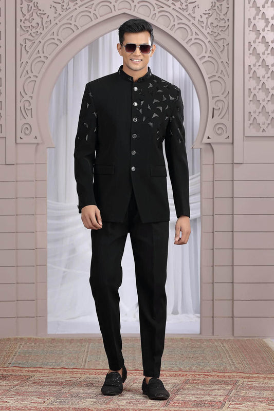 Imported Plain Fabric Jodhpuri In Black Colour With Hand Work For Men
