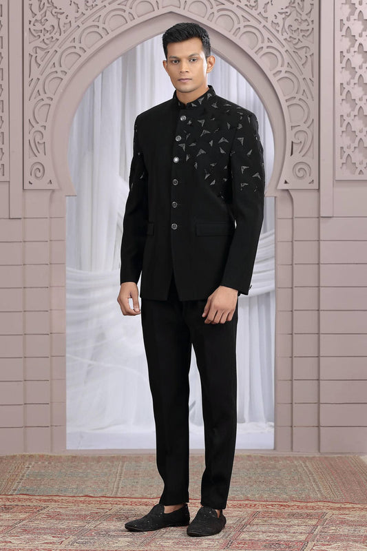 Imported Plain Fabric Jodhpuri In Black Colour With Hand Work For Men