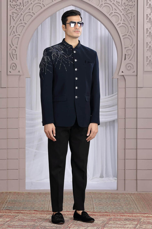 Imported Plain Fabric Jodhpuri In Blue Colour With Hand Work For Men