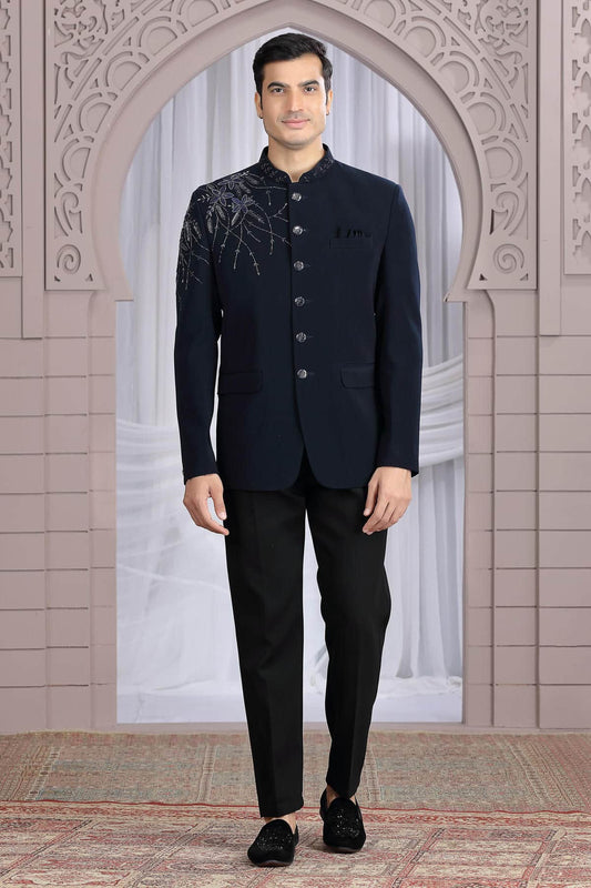 Imported Plain Fabric Jodhpuri In Blue Colour With Hand Work For Men