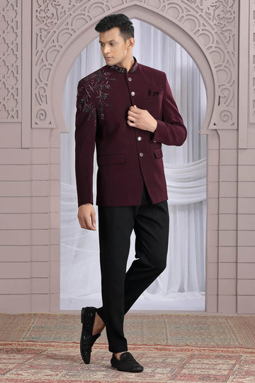 Imported Plain Fabric Jodhpuri In Wine Colour With Hand Work For Men
