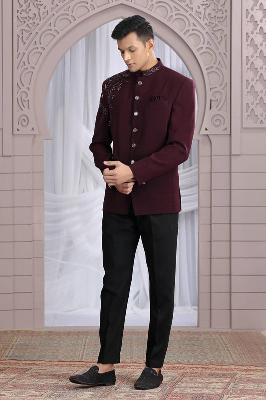 Imported Plain Fabric Jodhpuri In Wine Colour With Hand Work For Men