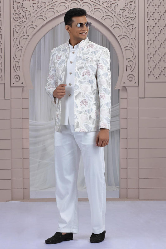 Art Silk 3 Pcs-Jacket Jodhpuri In Cream Colour With Hand Work For Men