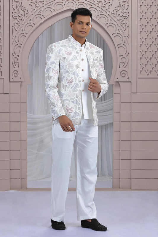 Art Silk 3 Pcs-Jacket Jodhpuri In Cream Colour With Hand Work For Men