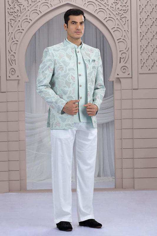 Art Silk 3 Pcs-Jacket Jodhpuri In Pista Green Colour With Hand Work For Men