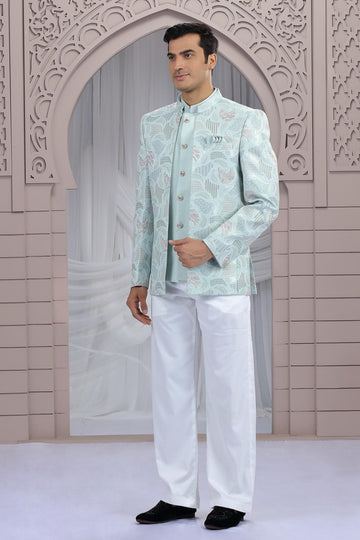 Art Silk 3 Pcs-Jacket Jodhpuri In Pista Green Colour With Hand Work For Men