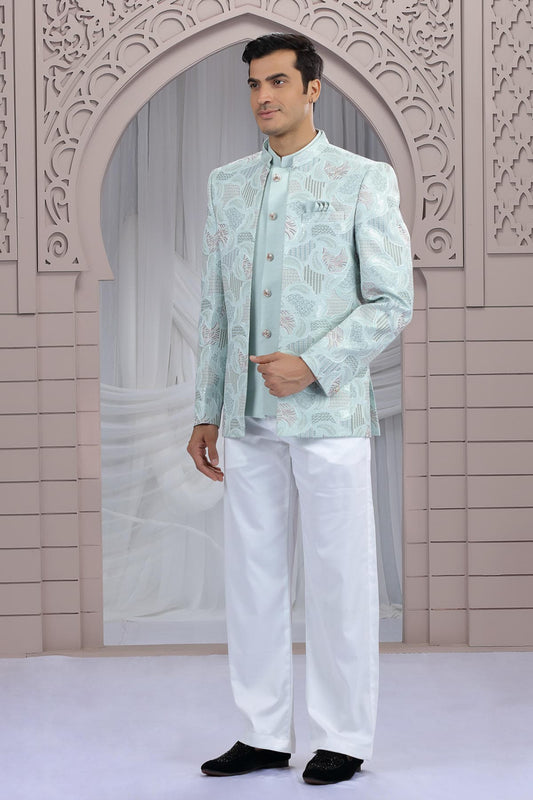 Art Silk 3 Pcs-Jacket Jodhpuri In Pista Green Colour With Hand Work For Men