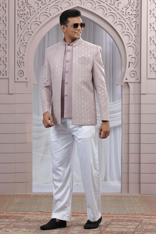 Art Silk 3 Pcs-Jacket Jodhpuri In Onion Colour With Hand Work For Men