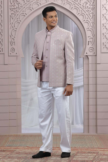 Art Silk 3 Pcs-Jacket Jodhpuri In Onion Colour With Hand Work For Men