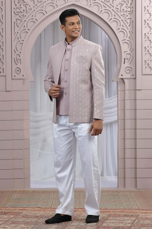 Art Silk 3 Pcs-Jacket Jodhpuri In Onion Colour With Hand Work For Men