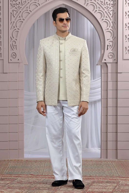 Art Silk 3 Pcs-Jacket Jodhpuri In Baige Colour With Hand Work For Men