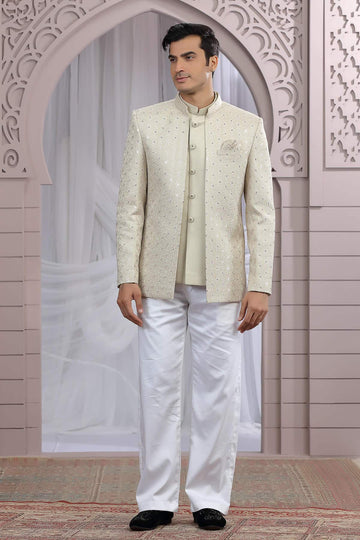 Art Silk 3 Pcs-Jacket Jodhpuri In Baige Colour With Hand Work For Men