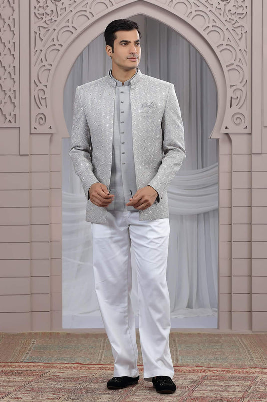 Art Silk 3 Pcs-Jacket Jodhpuri In Grey Colour With Hand Work For Men