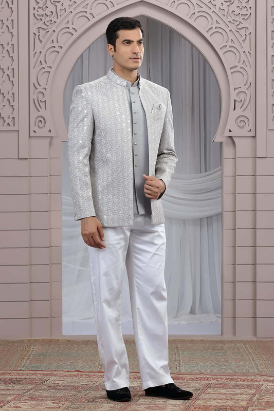 Art Silk 3 Pcs-Jacket Jodhpuri In Grey Colour With Hand Work For Men