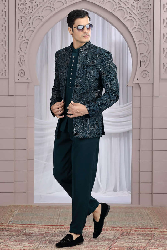 Velvet 3 Pcs-Jacket Jodhpuri In Teal Creen Colour With Hand Work For Men