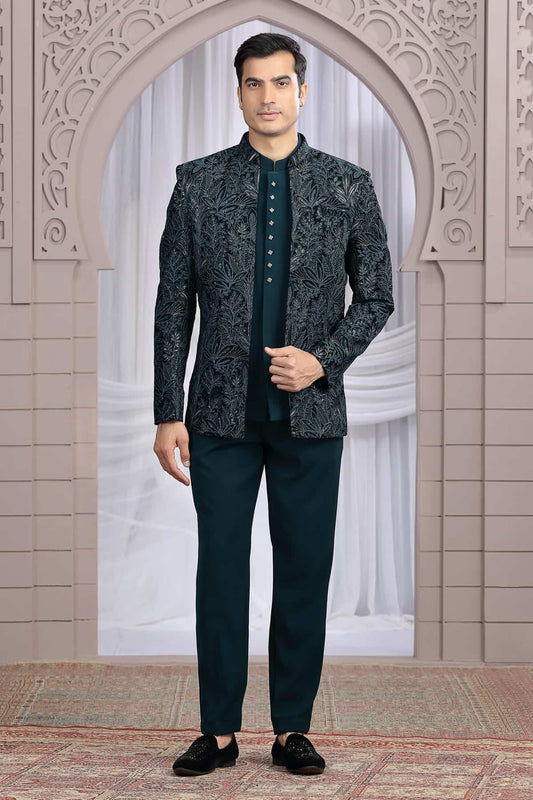 Velvet 3 Pcs-Jacket Jodhpuri In Teal Creen Colour With Hand Work For Men