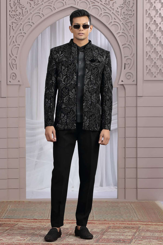 Velvet 3 Pcs-Jacket Jodhpuri In Black Colour With Hand Work For Men