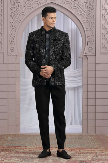 Velvet 3 Pcs-Jacket Jodhpuri In Black Colour With Hand Work For Men