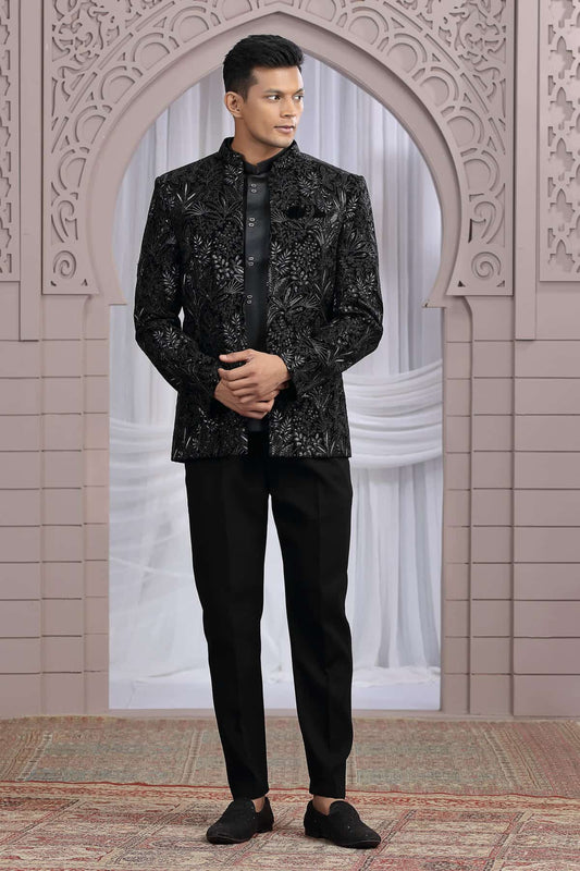 Velvet 3 Pcs-Jacket Jodhpuri In Black Colour With Hand Work For Men