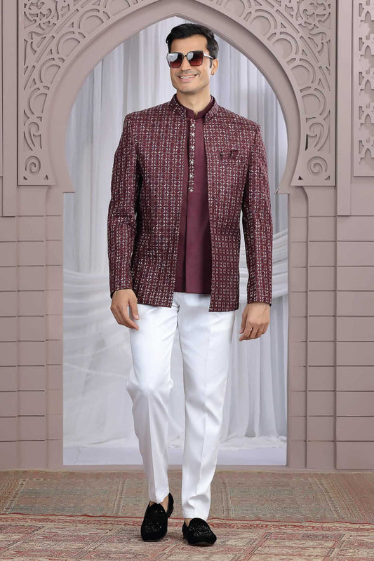 Art Silk 3 Pcs-Jacket Jodhpuri In Wine Colour With Hand Work For Men