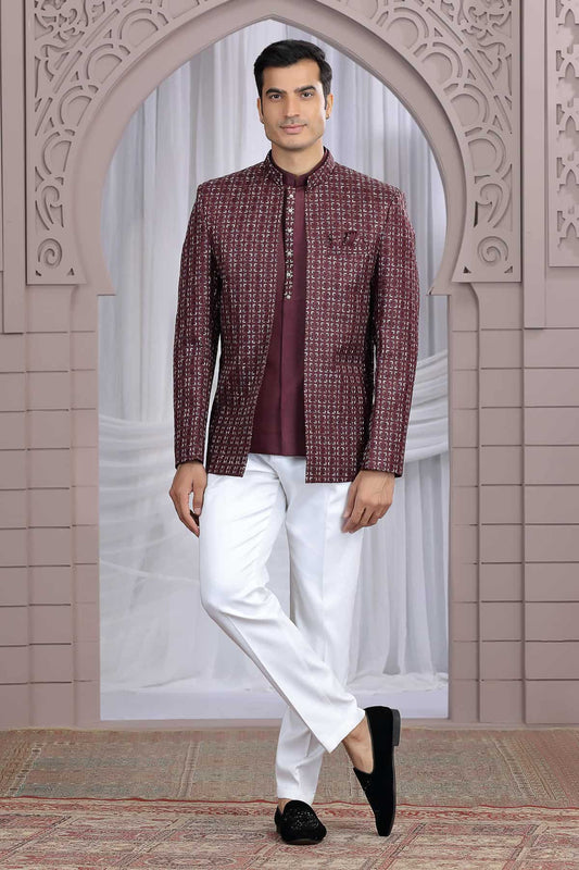 Art Silk 3 Pcs-Jacket Jodhpuri In Wine Colour With Hand Work For Men