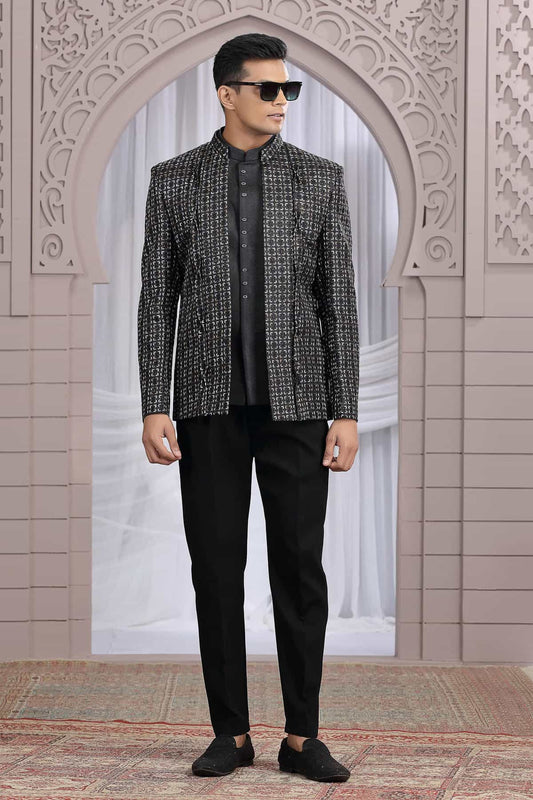 Art Silk 3 Pcs-Jacket Jodhpuri In Black Colour With Hand Work For Men