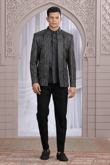 Art Silk 3 Pcs-Jacket Jodhpuri In Black Colour With Hand Work For Men