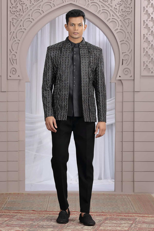 Art Silk 3 Pcs-Jacket Jodhpuri In Black Colour With Hand Work For Men