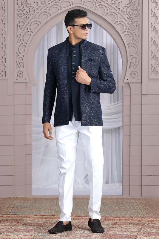 Art Silk 3 Pcs-Jacket Jodhpuri In Navy Blue Colour With Hand Work For Men