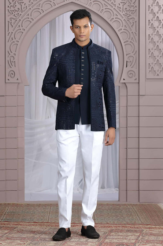 Art Silk 3 Pcs-Jacket Jodhpuri In Navy Blue Colour With Hand Work For Men