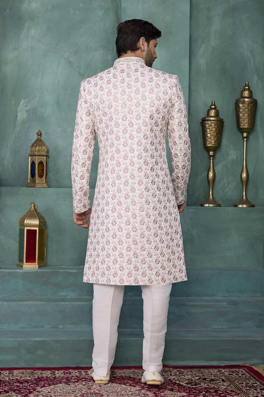 Art Silk Thread Embroidery Work Sherwani In Cream Colour