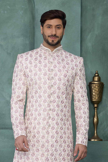 Art Silk Thread Embroidery Work Sherwani In Cream Colour