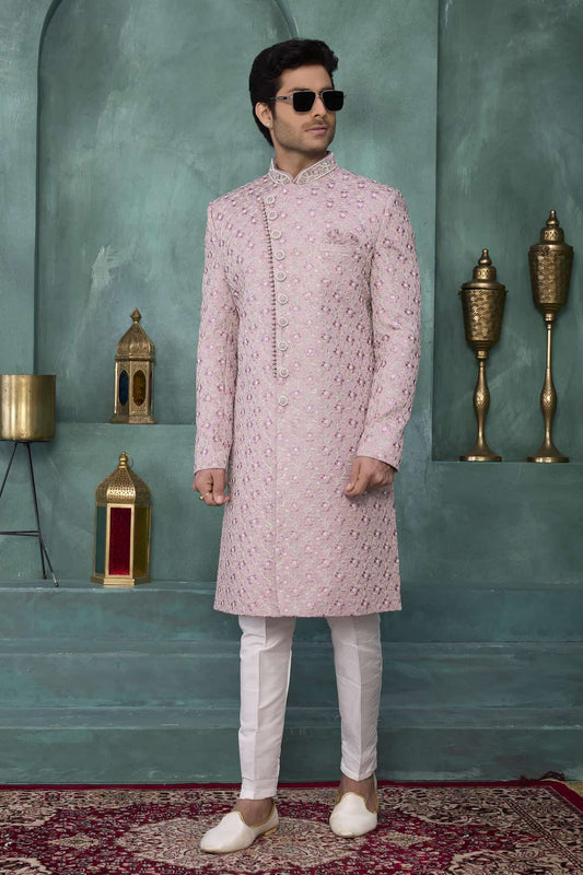 Art Silk Thread Embroidery Work Sherwani In Onion Pink Colour