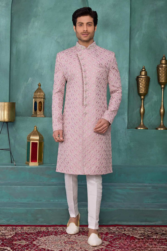 Art Silk Thread Embroidery Work Sherwani In Onion Pink Colour