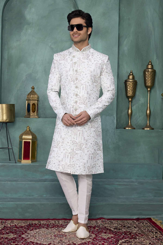Art Silk Thread Embroidery Work Sherwani In Light Pista Green Colour