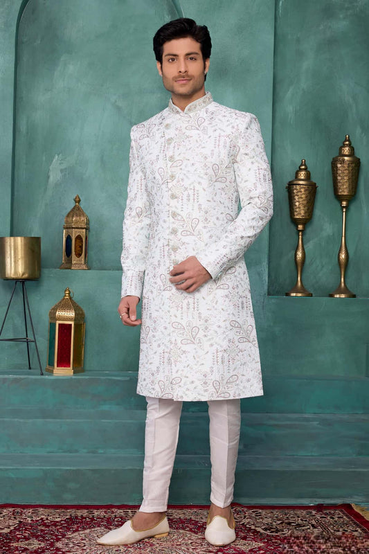 Art Silk Thread Embroidery Work Sherwani In Light Pista Green Colour