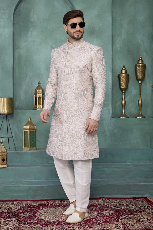Art Silk Thread Embroidery Work Sherwani In Light Peach Colour