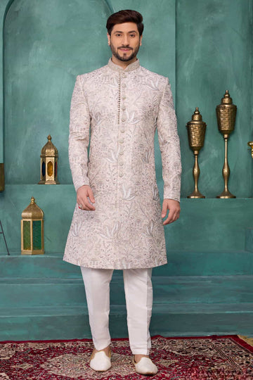 Art Silk Thread Embroidery Work Sherwani In Light Peach Colour