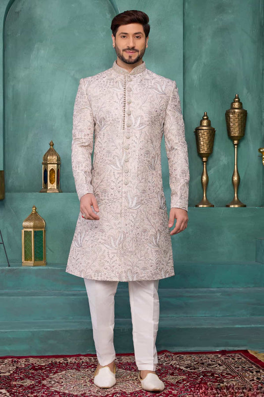 Art Silk Thread Embroidery Work Sherwani In Light Peach Colour