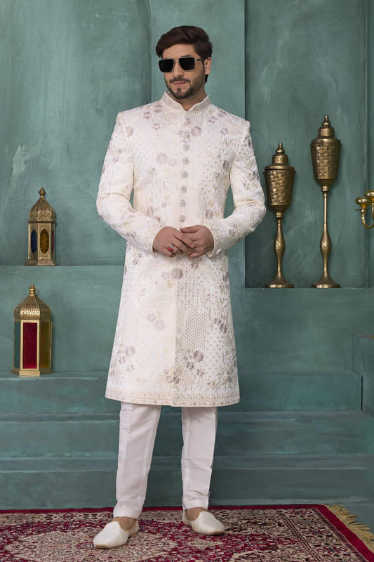 Art Silk Thread Embroidery Work Sherwani In Cream Colour