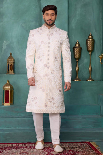 Art Silk Thread Embroidery Work Sherwani In Cream Colour